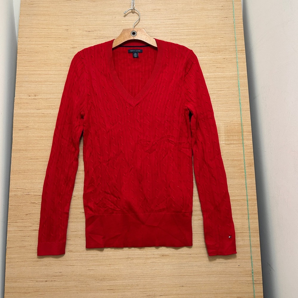 Tommy Hilfiger Red Cable Knit V-Neck Sweater Womens Large Long Sleeve Logo